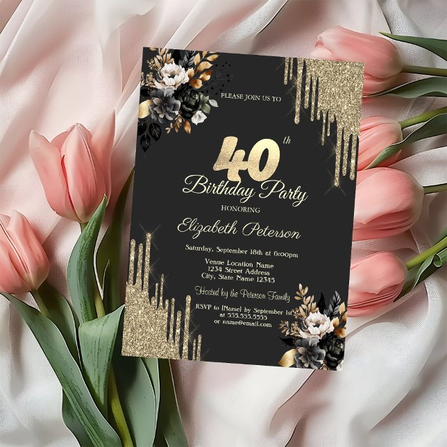 Gold Glitter Drips Black Roses Dark 40th Birthday Invitation (Creator Uploaded)