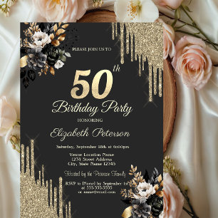 Gold Glitter Drips Black Roses Dark 50th Birthday Invitation