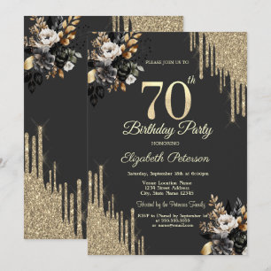 Gold Glitter Drips Black Roses Dark 70th Birthday Invitation