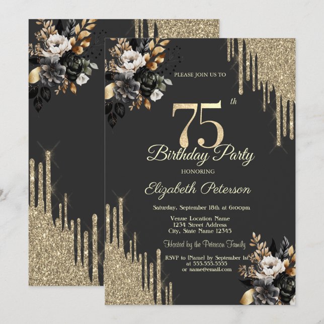 Gold Glitter Drips Black Roses Dark 75th Birthday Invitation (Front/Back)