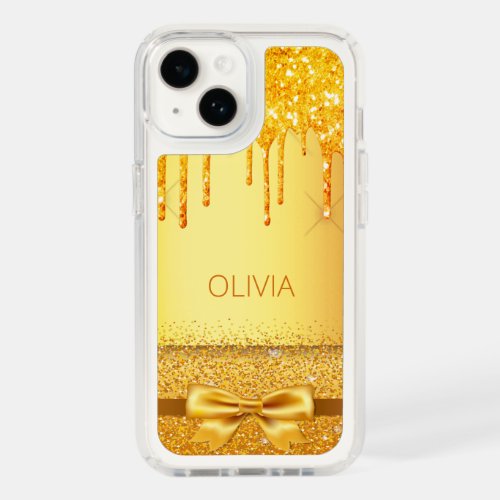 Gold glitter drips bow elegant name speck iPhone 14 case