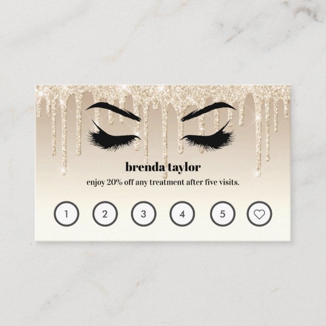 Gold Glitter Drips Browbar Lashes Custom Loyalty   Business Card (Front)