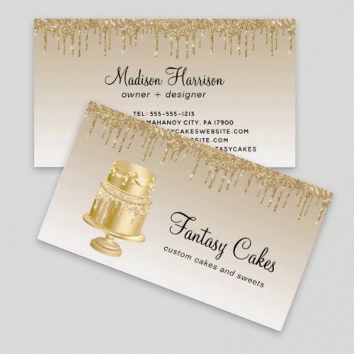 Gold Glitter Drips Cake Bakery Business Card