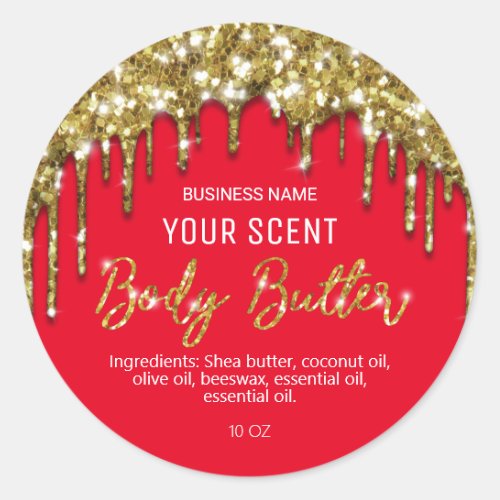 Gold Glitter Drips Christmas Red Body Butter Label
