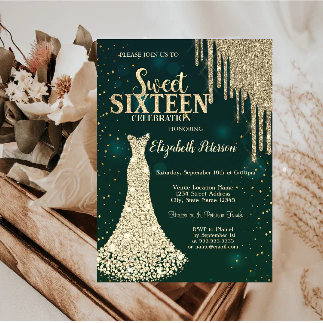 Gold Glitter Drips Diamonds Dress Green Sweet 16 Invitation Zazzle