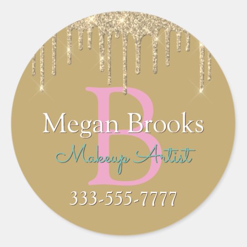 Gold Glitter Drips DIY Name Monogram Business Pink Classic Round Sticker