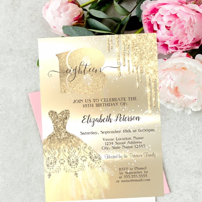 Gold Glitter Drips,Dress 18th Birthday Party Invitation (Creator Uploaded)
