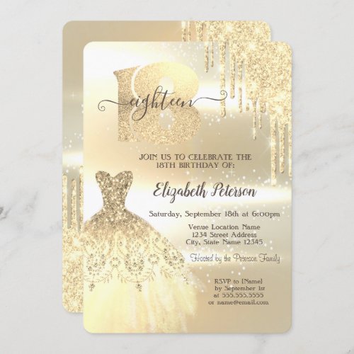 Gold Glitter DripsDress 18th Birthday Party Invitation