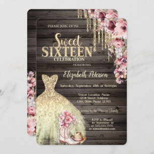 Gold Glitter Drips,Dress Boots Hat Wood Sweet 16 Invitation