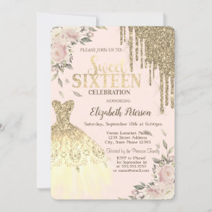 Gold Glitter Drips,Dress,Floral Cream Sweet 16 Invitation