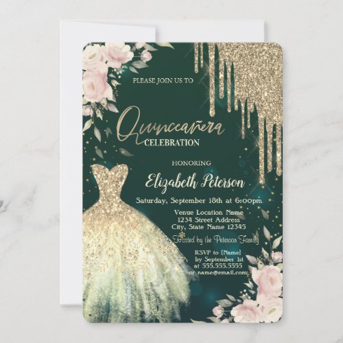  Gold Glitter DripsDressFloral Green Quinceanera Invitation