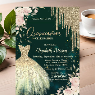 Gold Glitter Drips,Dress,Floral Green Quinceanera Invitation