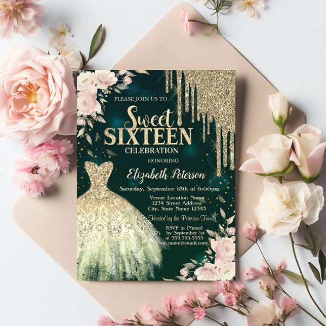  Gold Glitter Drips,Dress,Floral Green Sweet 16 Invitation (Creator Uploaded)