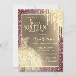 Gold Glitter Drips,Dress Glitter Sweet 16 Invitation