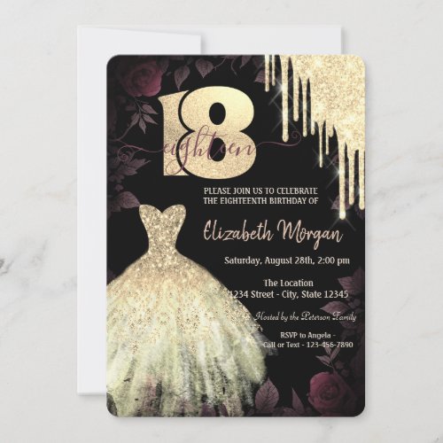  Gold Glitter Drips Dress Gothic 18th Birthday Invitation