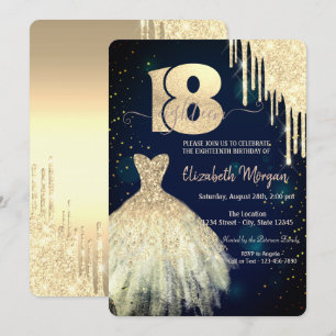 Gold Glitter Drips Dress Navy Blue 18th Birthday  Invitation