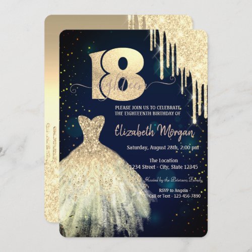 Gold Glitter Drips Dress Navy Blue 18th Birthday  Invitation