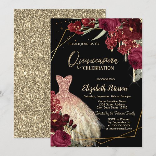 Gold Glitter Drips,Dress Red Roses Quinceañera