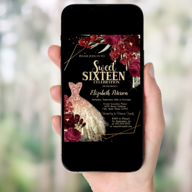 Gold Glitter Drips,Dress Red Roses Sweet 16 Invitation (Front Digital)