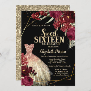 Gold Glitter Drips,Dress Red Roses Sweet 16 Invitation
