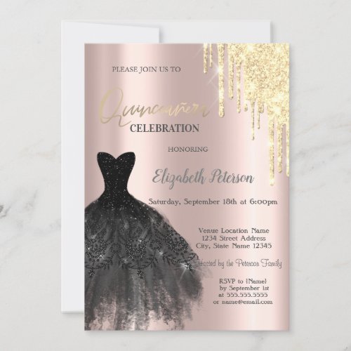  Gold Glitter DripsDress Rose Gold 15th Birthday Invitation