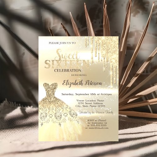 Gold Glitter DripsDress Sweet 16 Invitation