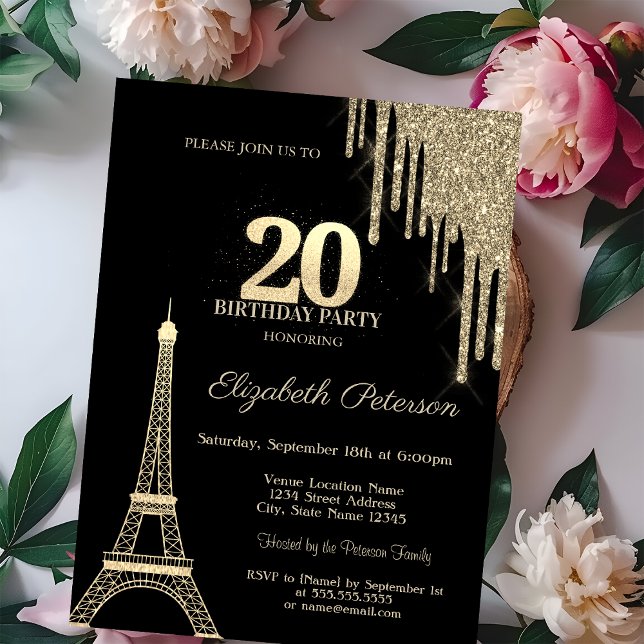 Gold Glitter Drips, Eiffel Tower 20th Birthday Invitation (Creator Uploaded)