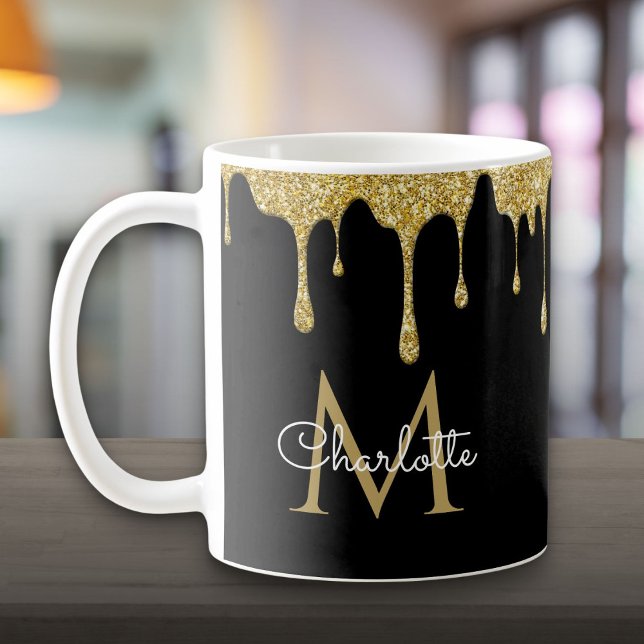 Gold Glitter Drips Elegant Girly Script Monogram Coffee Mug (Gold Glitter Drips Elegant Girly Script Monogram Coffee Mug)