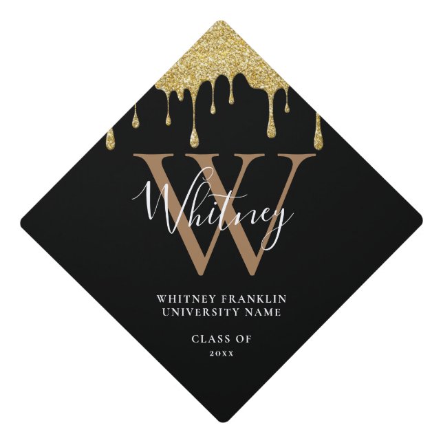 Gold Glitter Drips Elegant Script Monogram Graduation Cap Topper (Front)