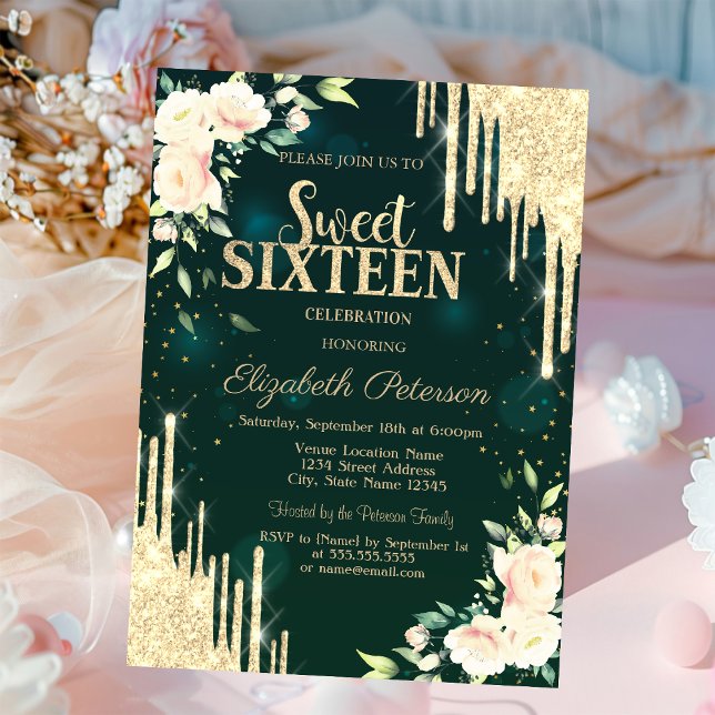 Gold Glitter Drips Floral Green Invitation (Creator Uploaded)