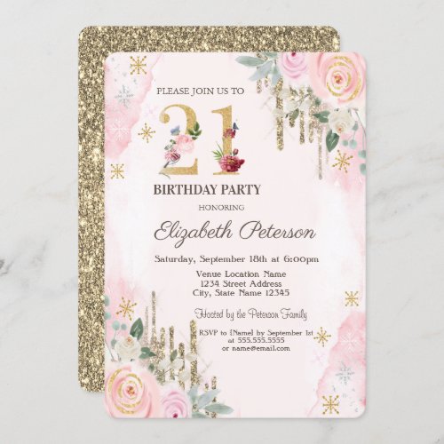  Gold Glitter Drips Flower Pink 21st Birthday  Invitation