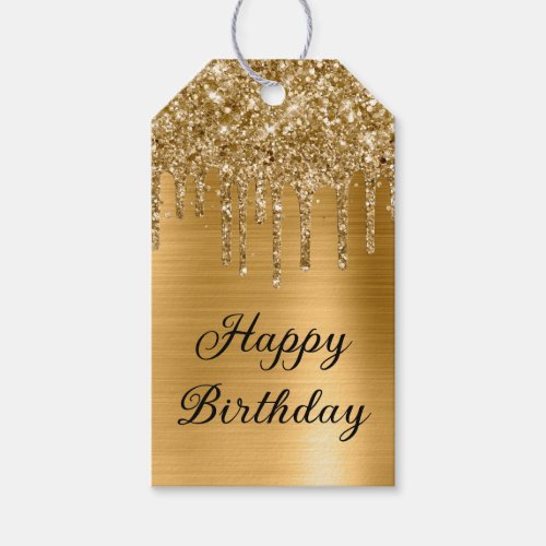 Gold Glitter Drips Foil Happy Birthday Gift Tags