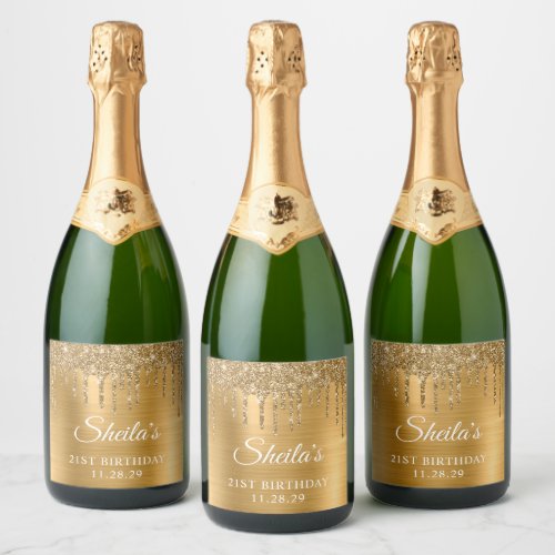 Gold Glitter Drips Glam 21st Birthday Sparkling Wine Label