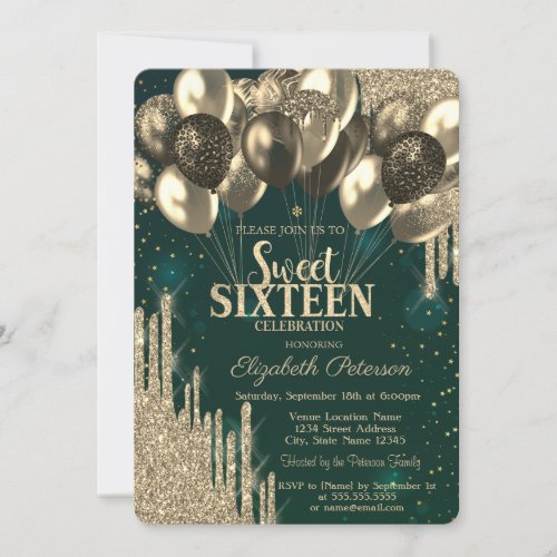  Gold Glitter Drips Gold Balloons Sweet 16 Invitation