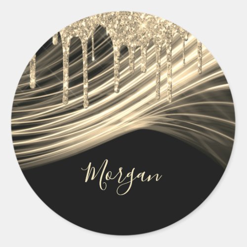 Gold Glitter Drips Gold Light Rays Gold Name Black Classic Round Sticker