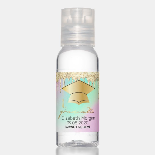 Gold Glitter Drips Graduation Cap Hand Sanitizer (Front)