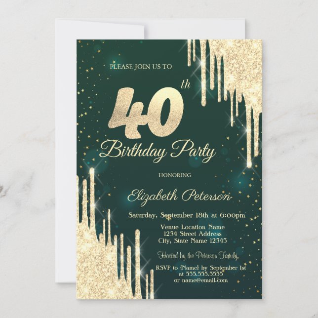 Gold Glitter Drips Green 40th Birthday  Invitation (Front)