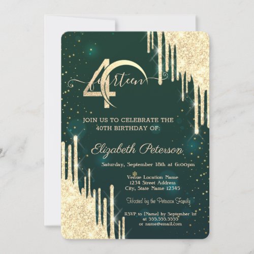  Gold Glitter Drips Green 40th Birthday Invitation