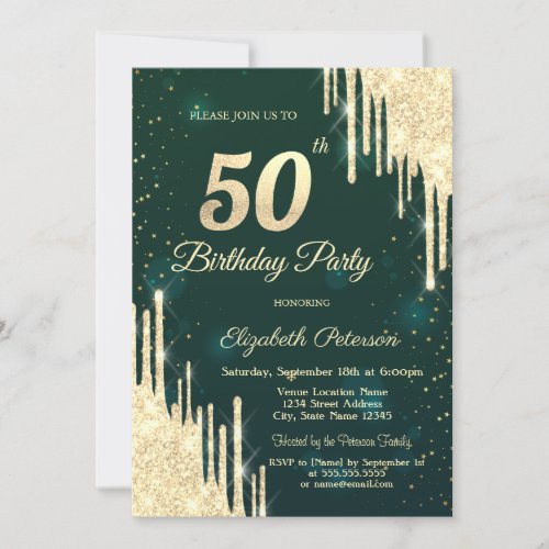 Gold Glitter Drips Green 50th Birthday  Invitation