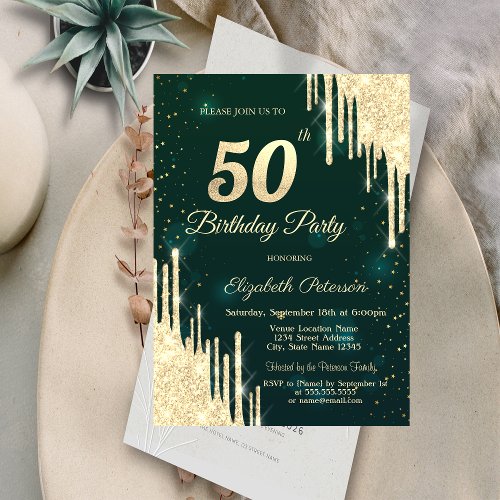 Gold Glitter Drips Green 50th Birthday  Invitation