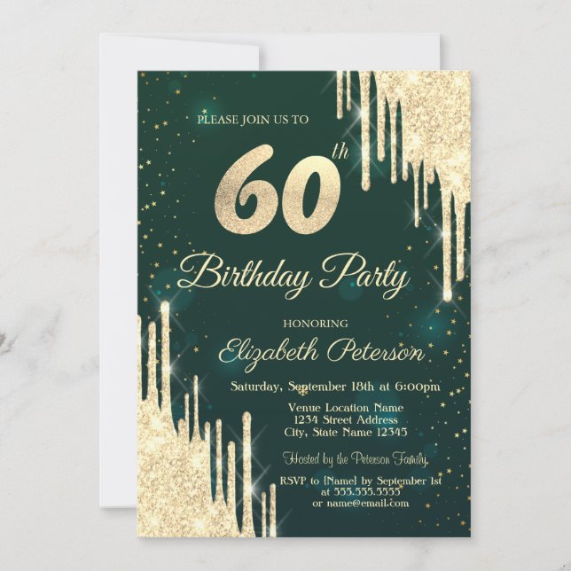 Gold Glitter Drips Green 60th Birthday  Invitation (Front)