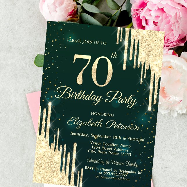 Gold Glitter Drips Green 70th Birthday  Invitation (Creator Uploaded)