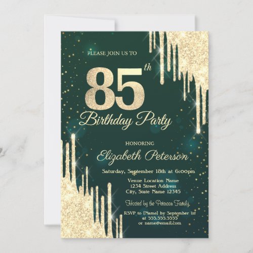 Gold Glitter Drips Green 85th Birthday  Invitation