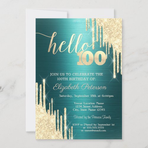 Gold Glitter Drips Green Metallic 100th Birthday