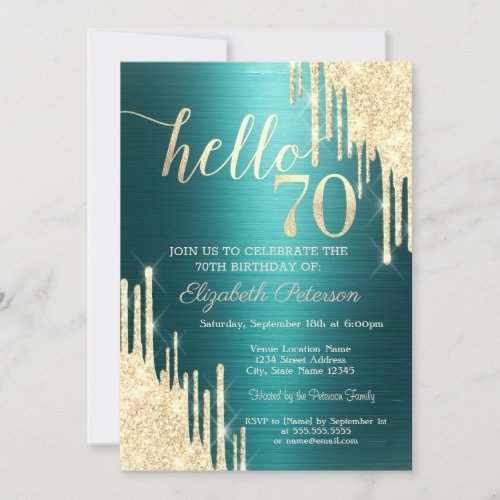 Gold Glitter Drips Green Metallic 70th Birthday