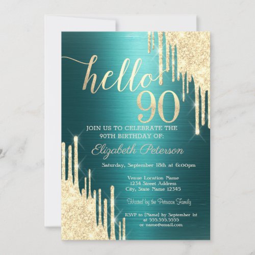 Gold Glitter Drips Green Metallic 90th Birthday