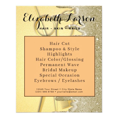 Gold Glitter Drips Hair Stylist Salon Hair Salon Flyer