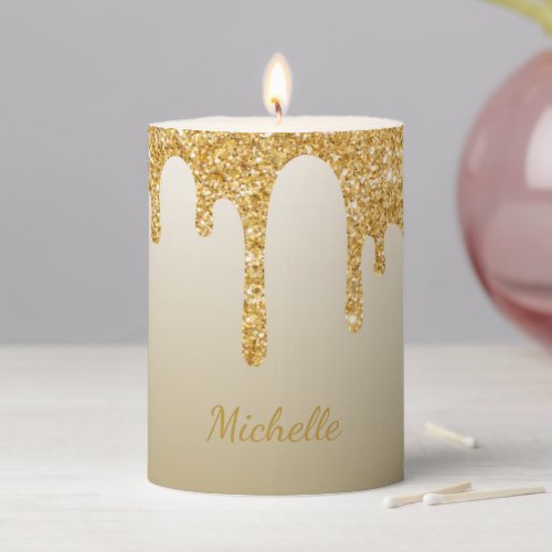 Gold Glitter Drips Handwritten Name Pillar Candle