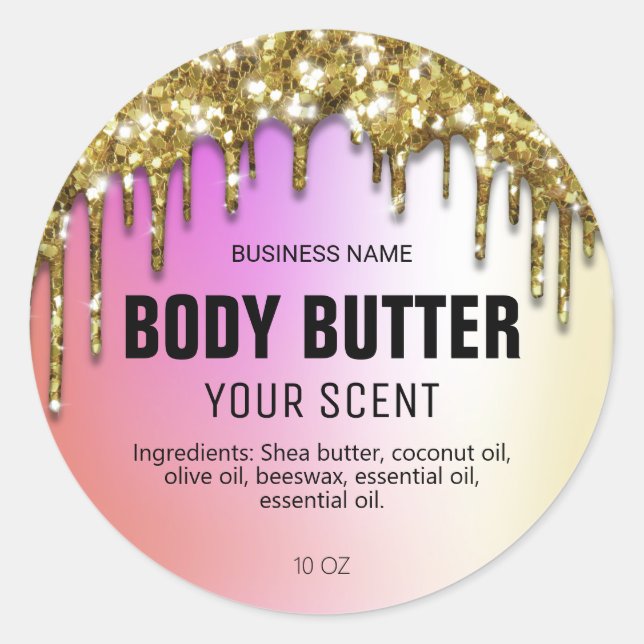 Gold Glitter Drips Holographic Body Butter Labels (Front)