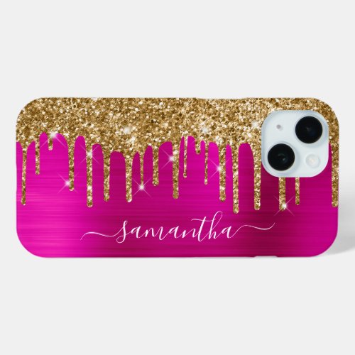 Gold Glitter Drips Hot Pink Foil Girly Signature iPhone 15 Case